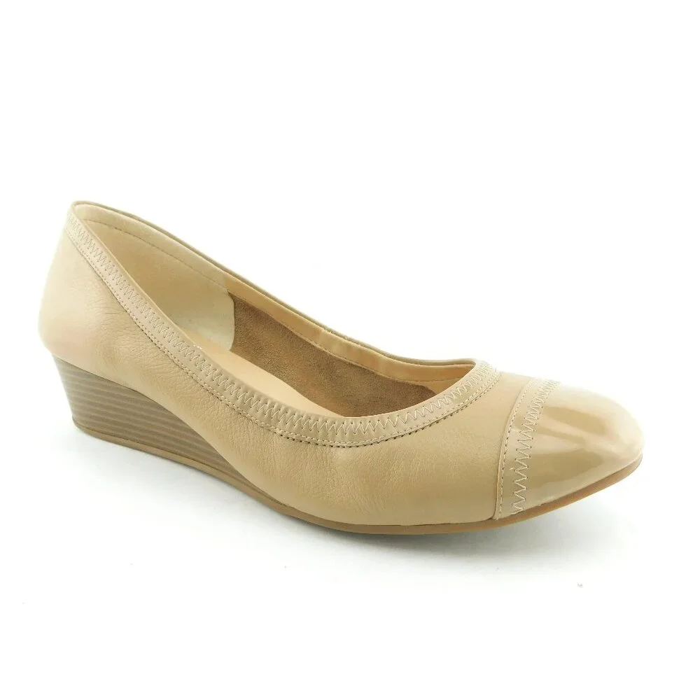 COLE HAAN Nude Beige Leather Cap Toe Wedge Ballet Heels 9.5 C